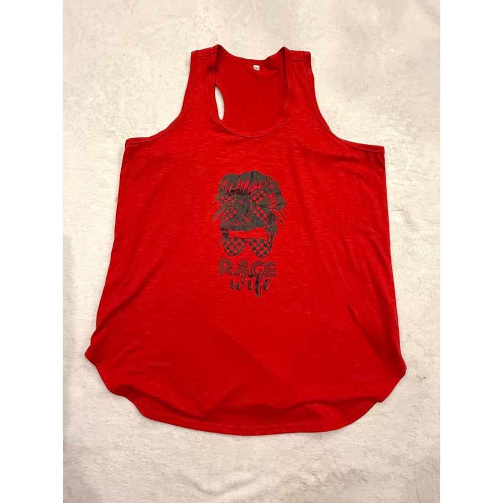 Race Wife Graphic Tank Top‎ Red Messy Bun Checkered Sunglasses Racerback Large